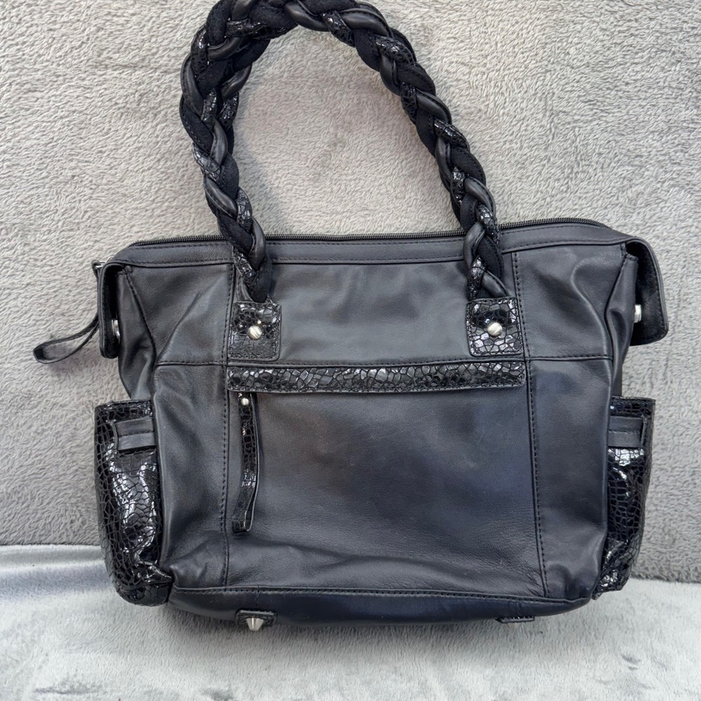 Sharif Leather Tote Bag Womens Medium Black Excellent Woven Croc Embossed Trim - Picture 6 of 13